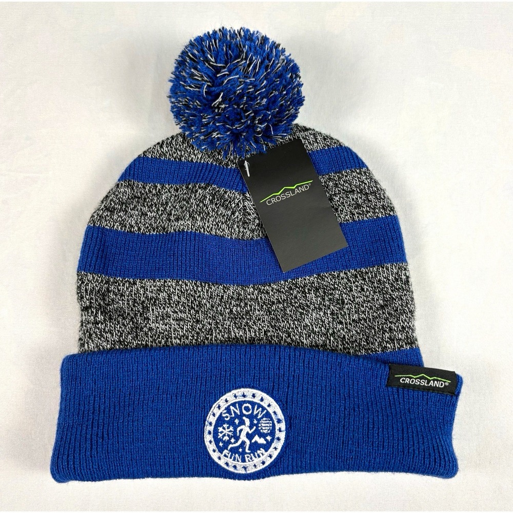 Crossland Men's Blue/Gray Striped Beanie Hat w/ Pompom Ski Fall/Winter One Size
